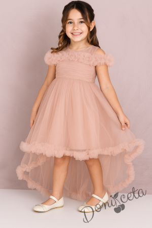 Официална детска рокля с шлейф с тюл в цвят пудра Ария