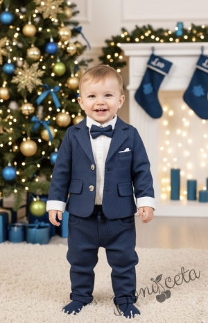 Бебешки комплект за момче от 4 части- боди-риза в бяло с панталон, сако и папийонка в синьо 