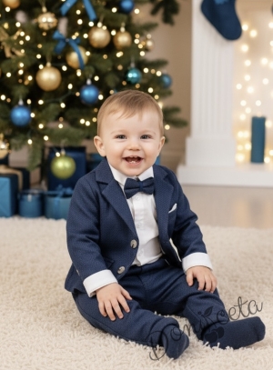 Бебешки комплект за момче от 4 части- боди-риза в бяло с панталон, сако и папийонка в синьо 