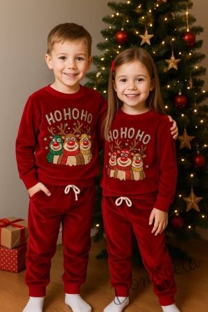 Детски коледен комплект за момче/момиче от плюшена блуза с коледни мотиви и надпис и плюшени панталонки в червено