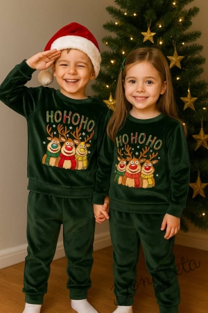 Детски коледен комплект за момче/момиче от плюшена блуза с коледни мотиви и надпис и плюшени панталонки в зелено