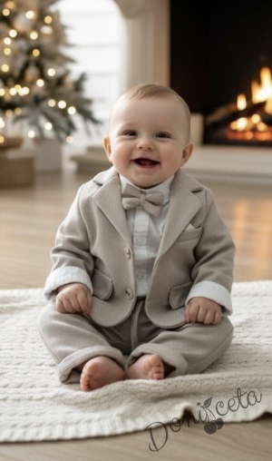 Бебешки плътен комплект от 4 части за момче-сако в бежово, боди-риза в бяло и панталон в бежово с папийонка