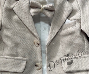 Бебешки плътен комплект от 4 части за момче-сако в бежово, боди-риза в бяло и панталон в бежово с папийонка