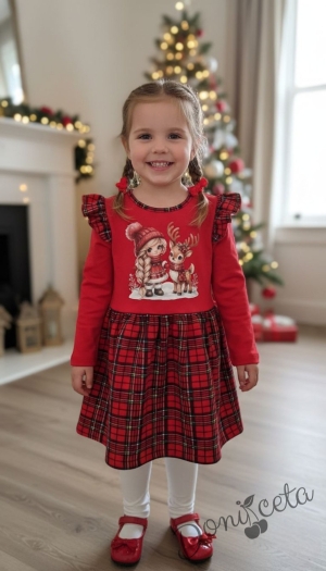 Детска коледна рокля с дълъг ръкав в червено с каре в долната част и картинка на момиченце и еленче