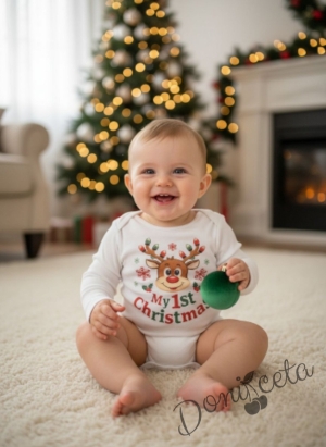 Коледно боди с дълъг ръкав в бяло с коледни лампички и елен My First Christmas