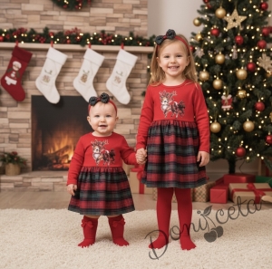 Коледна детска рокля в червено с картинка и долна част в каре 
