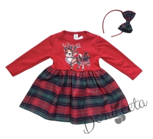 Комплект от 2 части-детска рокля с дълъг ръкав а с картинка в червено с каре в долната част и диадема