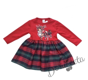 Коледна детска рокля в червено с картинка и долна част в каре 