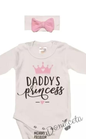 Бебешки комплект за момиче от 3 части в екрю - боди в екрю с надпис, ританки в сиво с панделка и диадема с панделка в розово