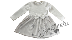 Коледна детска рокля в цвят екрю с панделка и снежинки в сребристо