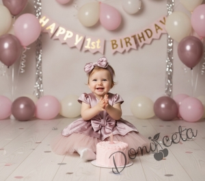 Официална парти рокля с къс ръкав и тюл в пепел от рози Надежда 