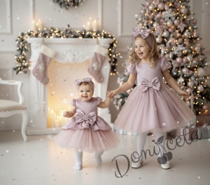 Официална парти рокля с къс ръкав и тюл в пепел от рози Надежда 