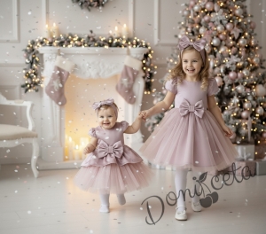 Официална парти рокля с къс ръкав и тюл в пепел от рози Надежда 