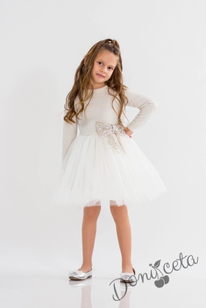 Официална детска рокля в екрю с ефектен плат и панделка в златисто