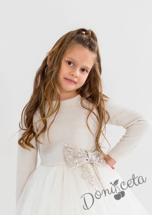 Официална детска рокля в екрю с ефектен плат и панделка в златисто