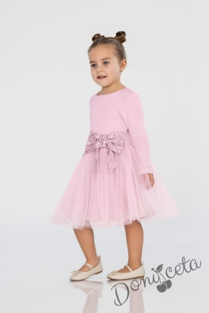 Официална детска рокля в екрю с ефектен плат и панделка в пепел от рози