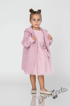 Официална детска рокля в екрю с ефектен плат и панделка в пепел от рози