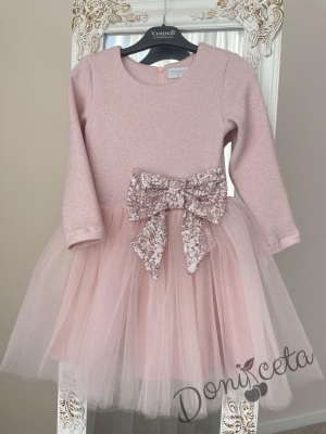 Официална детска рокля в екрю с ефектен плат и панделка в пепел от рози