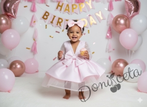 Официална детска рокля Мира с дълъг ръкав в розово с пайети отгоре  от колекция Розовина