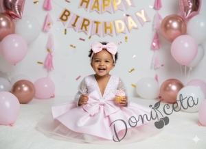 Официална детска рокля Мира с дълъг ръкав в розово с пайети отгоре  от колекция Розовина