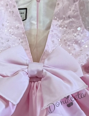 Официална детска рокля Мира с дълъг ръкав в розово с пайети отгоре  от колекция Розовина