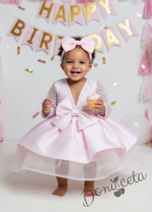 Официална детска рокля Мира с дълъг ръкав в розово с пайети отгоре  от колекция Розовина