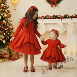  Официална детска рокля от плат Мариска с дълъг ръкав в червено с тюл 