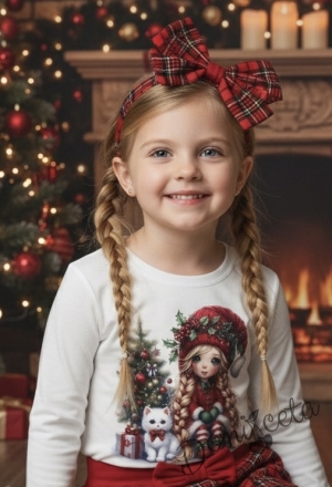 Коледна блуза в бяло с дълъг ръкав и сладка картинка на момиче