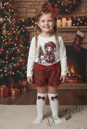 Коледна блуза в бяло с дълъг ръкав и сладка картинка на момиче