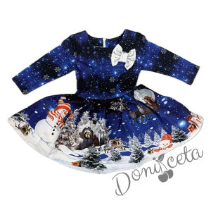 Коледна бебешка рокля с дълъг ръкав в синьо с коледни мотиви