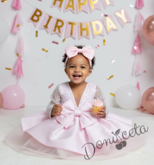 Официална детска рокля Мира с дълъг ръкав в розово с пайети отгоре  от колекция Розовина