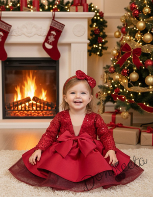 Официална детска рокля с дълъг ръкав Мира в червено с пайети от колекция Червеника