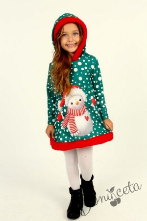 Детска коледна рокля в зелено със снежен човек и качулка