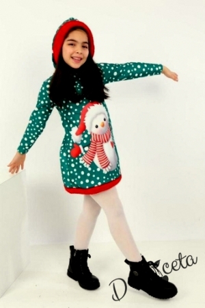 Детска коледна рокля в зелено със снежен човек и качулка