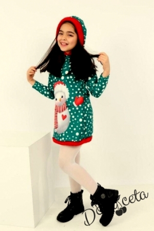 Детска коледна рокля в зелено със снежен човек и качулка