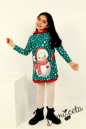 Детска коледна рокля в зелено със снежен човек и качулка
