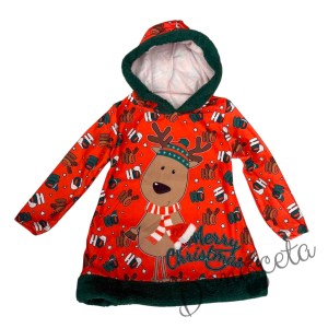 Детска коледна рокля в червено с коледни мотиви и качулка