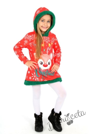 Коледна детска рокля в червено с елен и  качулка 2