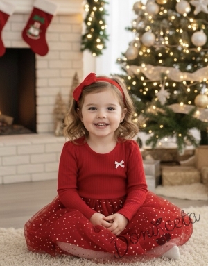Коледна детска рокля в червено с панделка и тюл в червено със звездички
