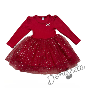 Коледна детска рокля в червено с панделка и тюл в червено със звездички