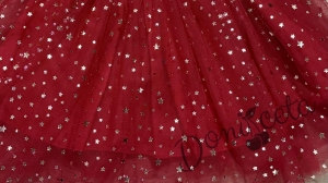 Коледна детска рокля в червено с панделка и тюл в червено със звездички