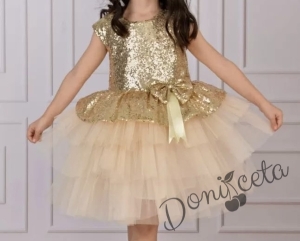 Детска празнична рокля в златисто от пайети и тюл на пластове Валериа