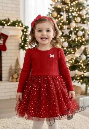 Коледна детска рокля в червено с панделка и тюл в червено със звездички