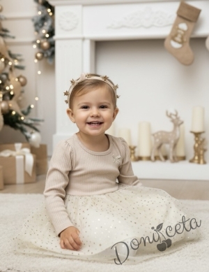 Детска рокля в бежово с панделка и тюл в бежово със звездички