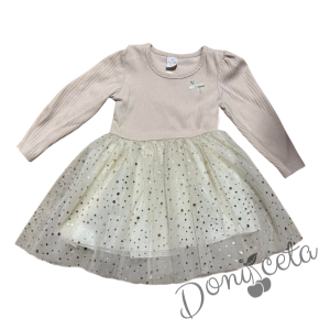 Детска рокля в бежово с панделка и тюл в бежово със звездички