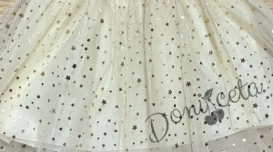 Детска рокля в бежово с панделка и тюл в бежово със звездички