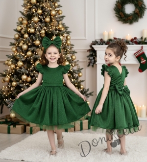 Официална коледна детска рокля с къс ръкав с брокат Балеа в зелено с блясък и панделка за коса