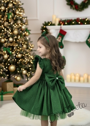 Официална коледна детска рокля с къс ръкав с брокат Балеа в зелено с блясък и панделка за коса