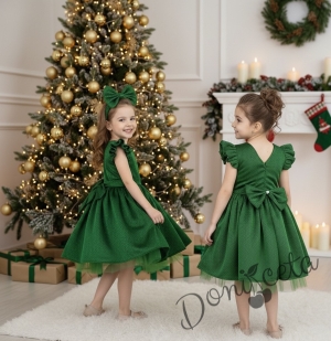 Официална коледна детска рокля с къс ръкав с брокат Балеа в зелено с блясък и панделка за коса