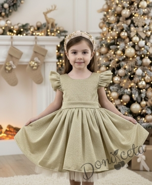 Официална детска рокля с къс ръкав с брокат в златисто с тюл с панделка и фиба с панделка Балеа